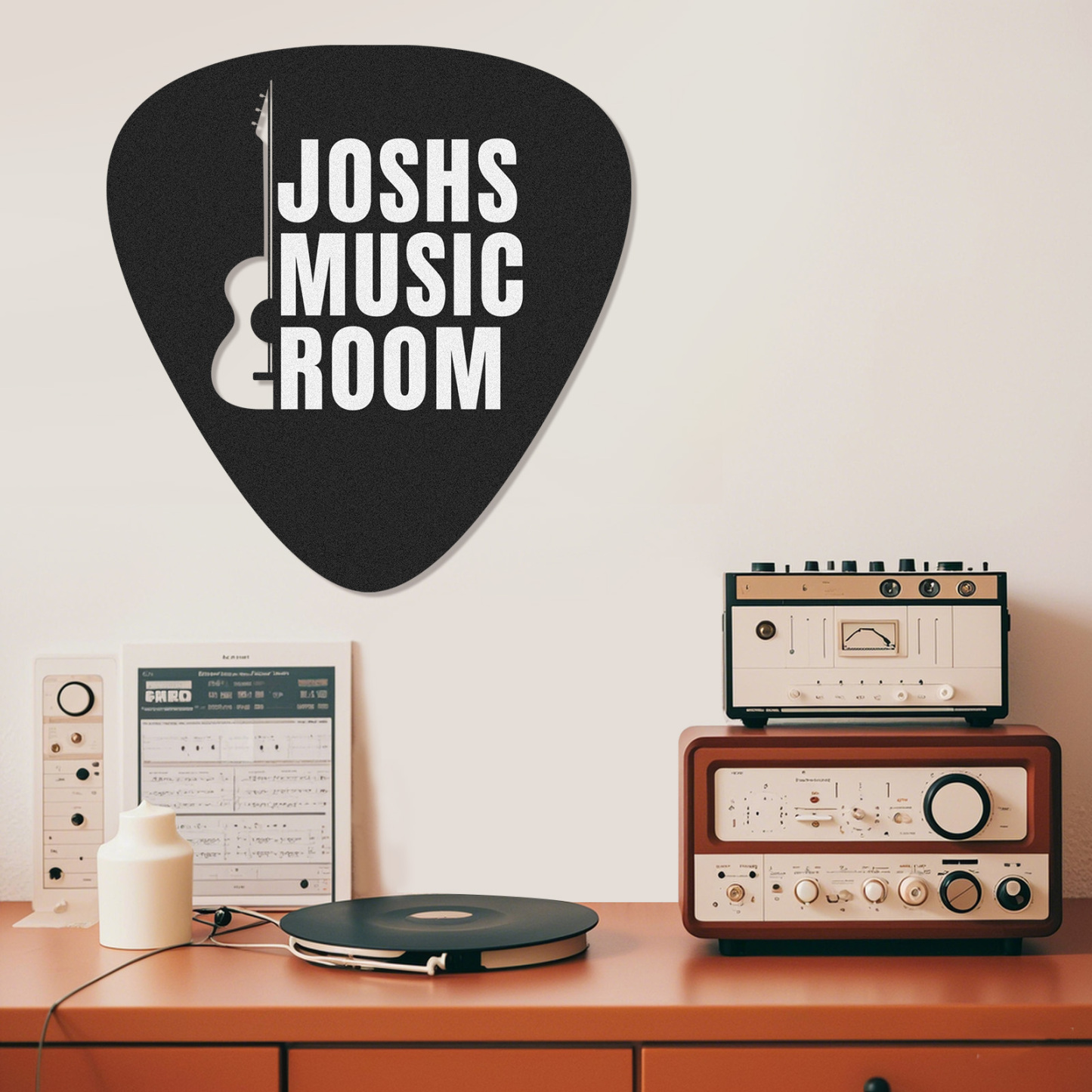 Custom Music Room Wall Sign with Pick Shape and Guitar, Personalized Metal Decor Gift for Musicians or Teens