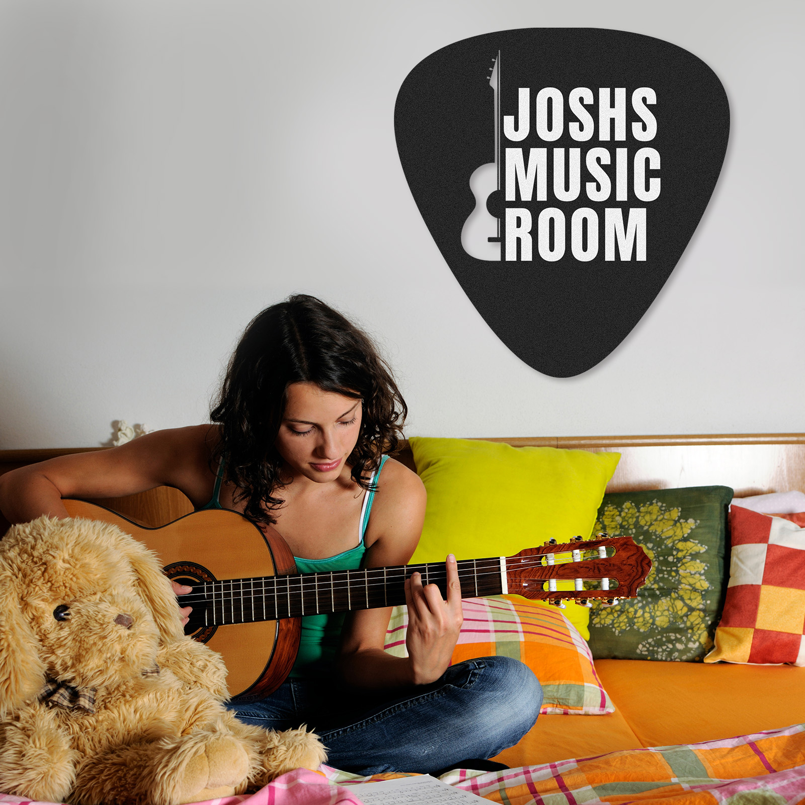 Custom Music Room Wall Sign with Pick Shape and Guitar, Personalized Metal Decor Gift for Musicians or Teens