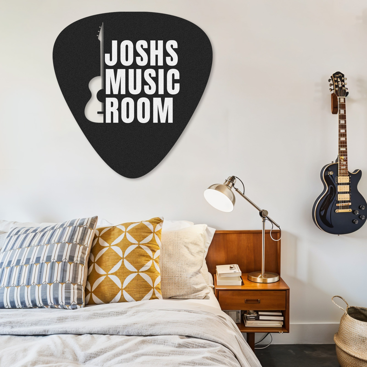 Custom Music Room Wall Sign with Pick Shape and Guitar, Personalized Metal Decor Gift for Musicians or Teens