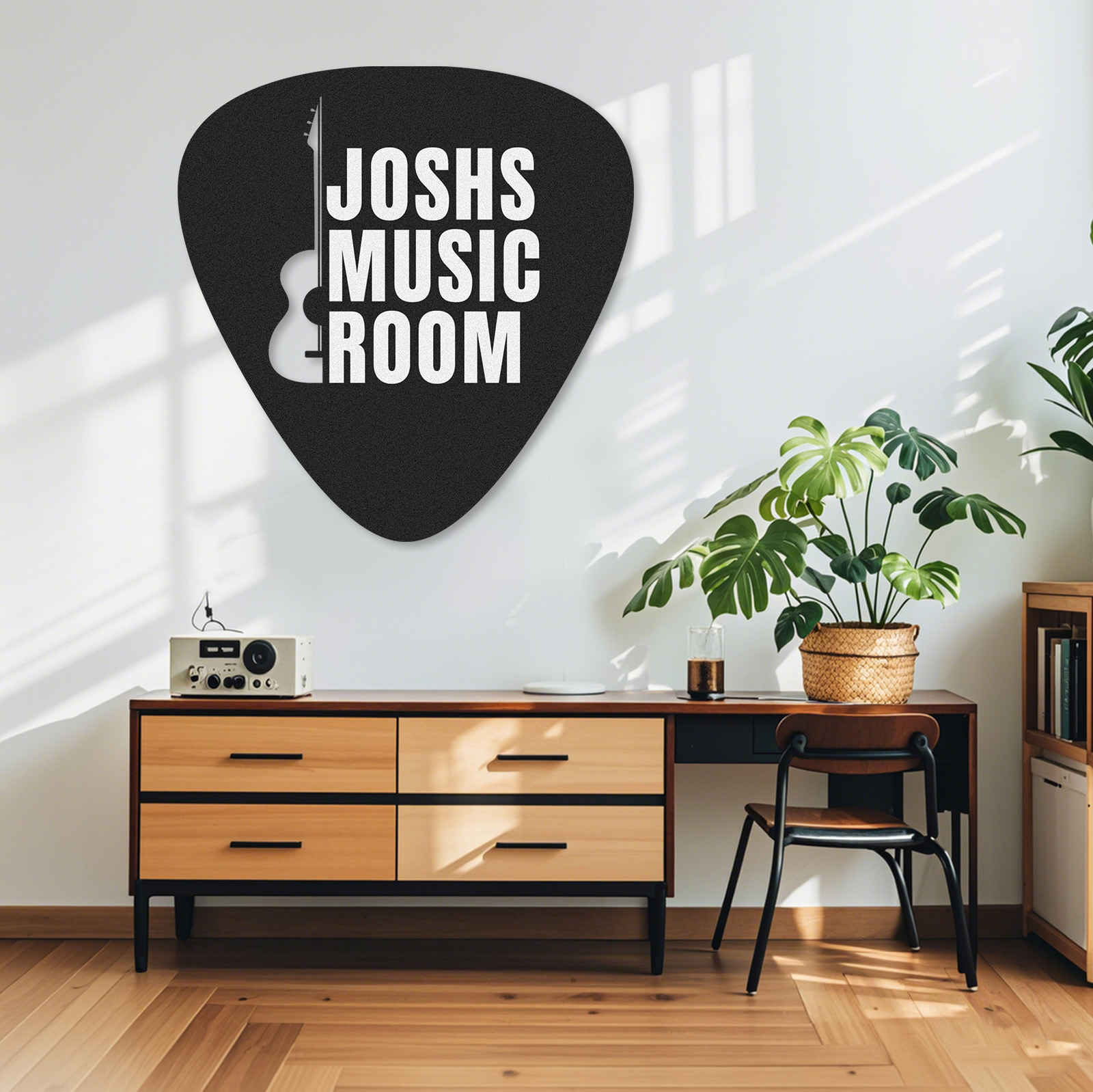 Custom Music Room Wall Sign with Pick Shape and Guitar, Personalized Metal Decor Gift for Musicians or Teens