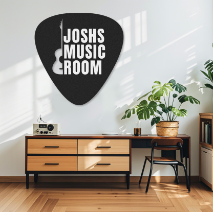 Custom Music Room Wall Sign with Pick Shape and Guitar, Personalized Metal Decor Gift for Musicians or Teens
