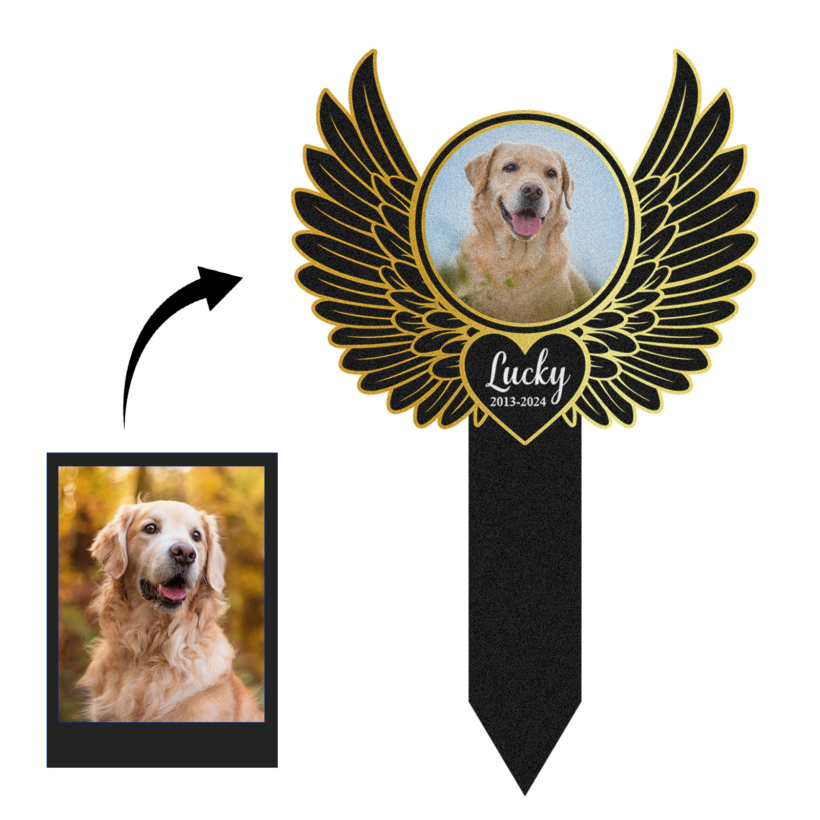 Custom Angel Wings Dog or Cat Memorial Stake, Personalized Garden Marker with Pet Photo and Name, Pet Loss Tribute Sign for Outdoor Remembrance