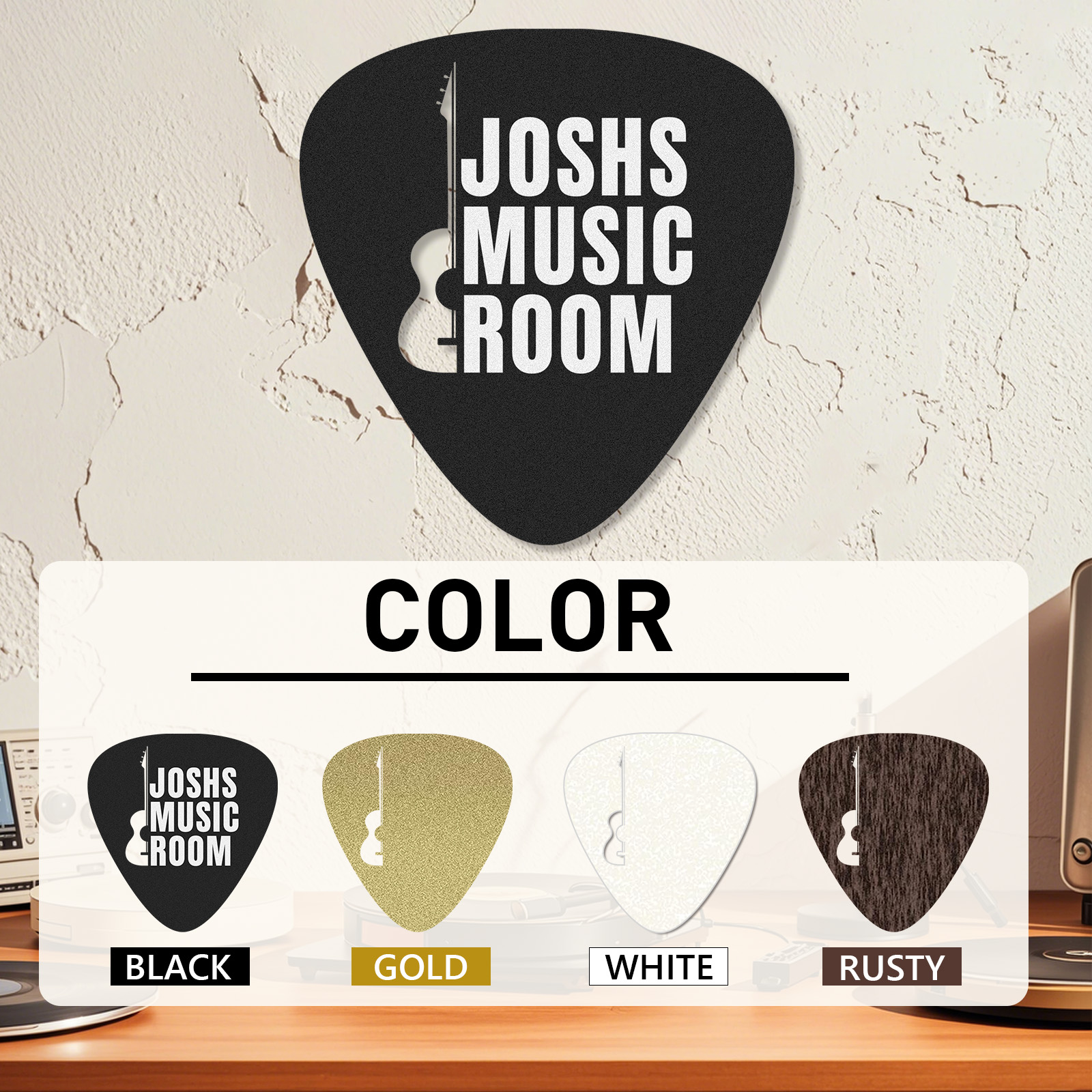Custom Music Room Wall Sign with Pick Shape and Guitar, Personalized Metal Decor Gift for Musicians or Teens