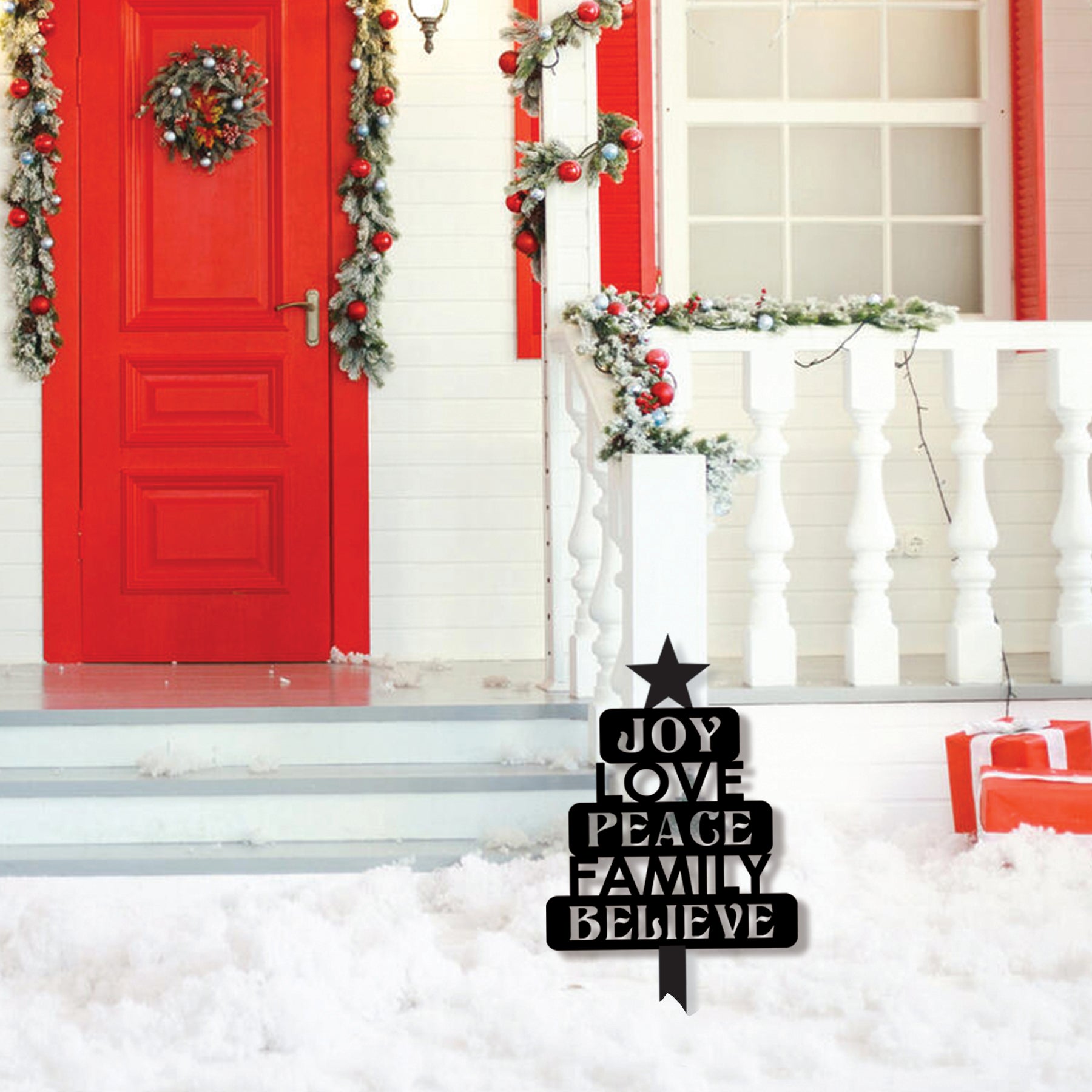 Christmas Joy Love Peace Stake, Holiday Yard Decoration, Rustic Metal Christmas Tree Sign, Outdoor Garden Christmas Decor