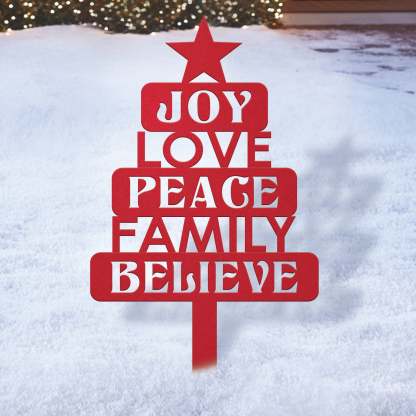 Christmas Joy Love Peace Stake, Holiday Yard Decoration, Rustic Metal Christmas Tree Sign, Outdoor Garden Christmas Decor