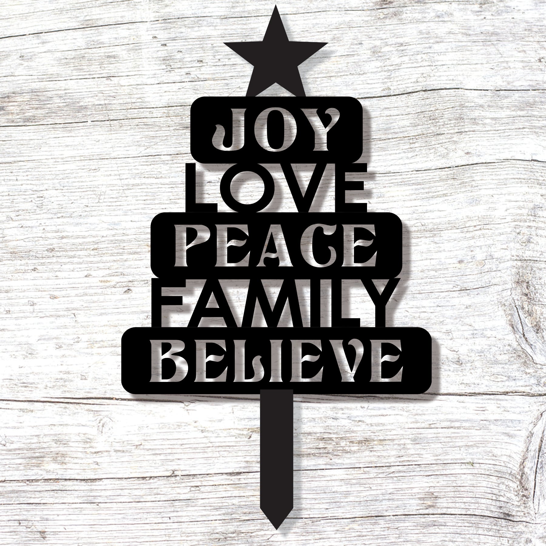 Christmas Joy Love Peace Stake, Holiday Yard Decoration, Rustic Metal Christmas Tree Sign, Outdoor Garden Christmas Decor