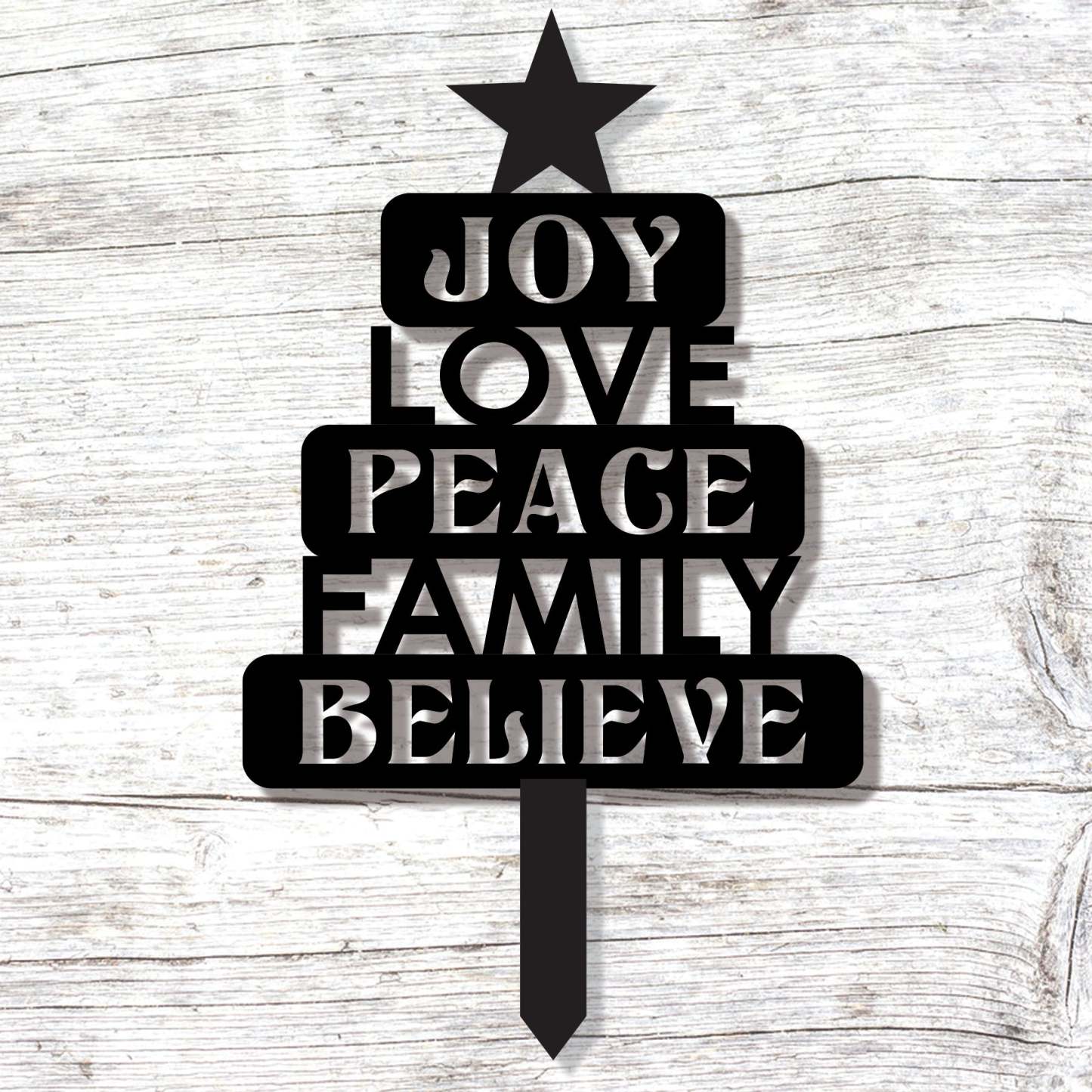 Christmas Joy Love Peace Stake, Holiday Yard Decoration, Rustic Metal Christmas Tree Sign, Outdoor Garden Christmas Decor