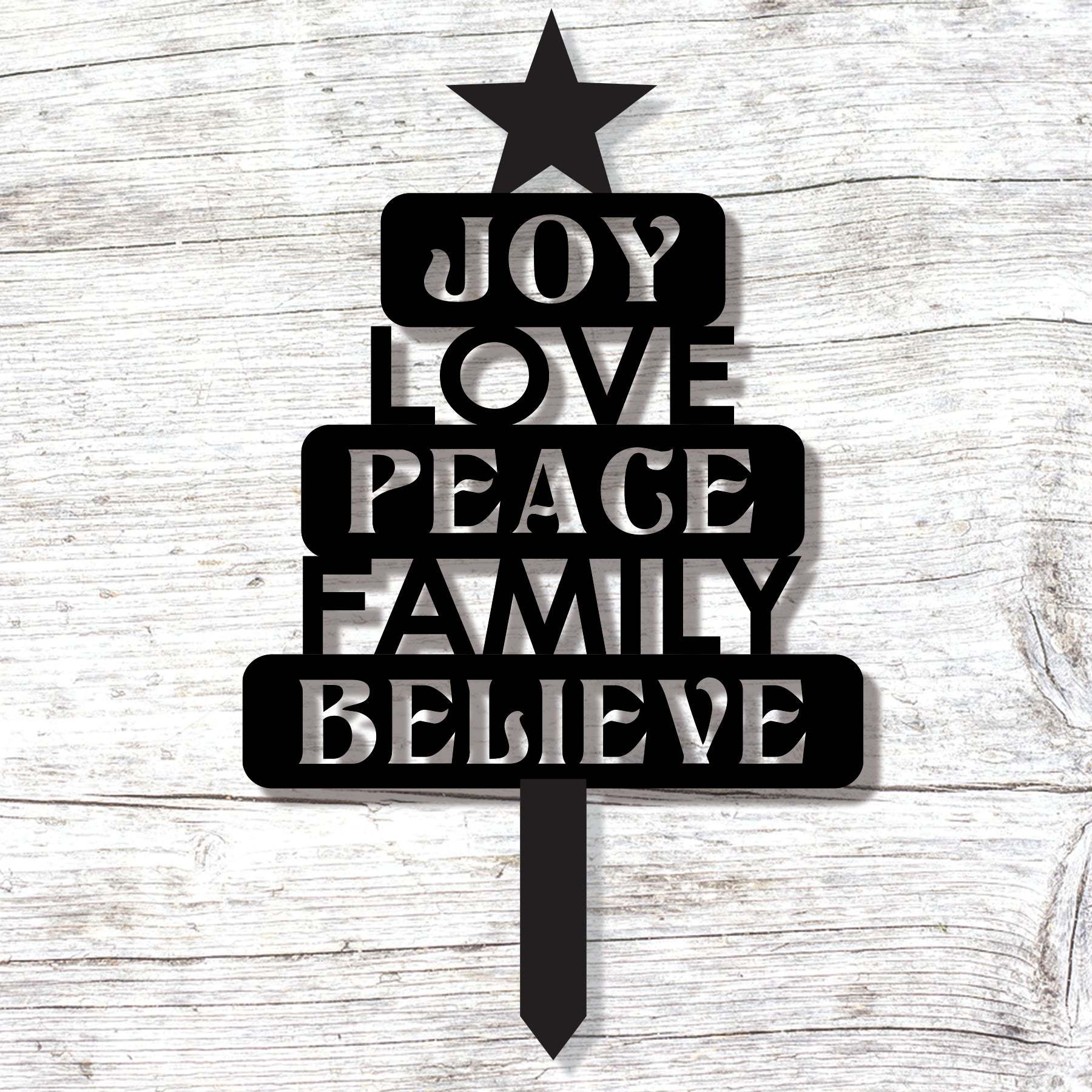 Christmas Joy Love Peace Stake, Holiday Yard Decoration, Rustic Metal Christmas Tree Sign, Outdoor Garden Christmas Decor