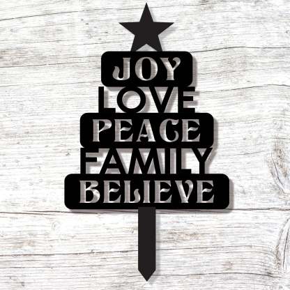 Christmas Joy Love Peace Stake, Holiday Yard Decoration, Rustic Metal Christmas Tree Sign, Outdoor Garden Christmas Decor