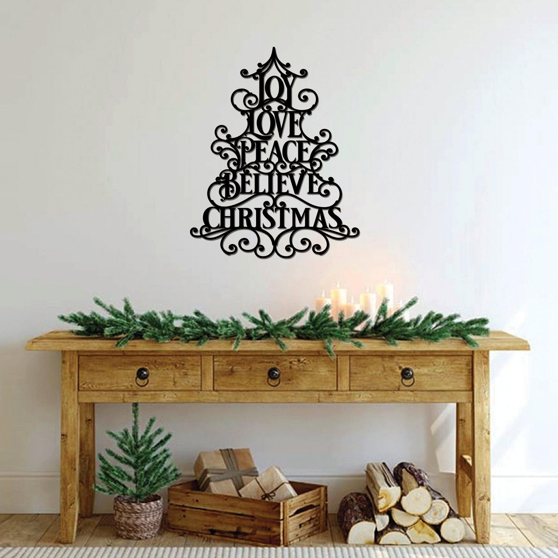 Christmas Joy Love Peace Metal Wall Decor, Elegant Holiday Tree Sign, Rustic Christmas Metal Art for Home and Outdoor Display
