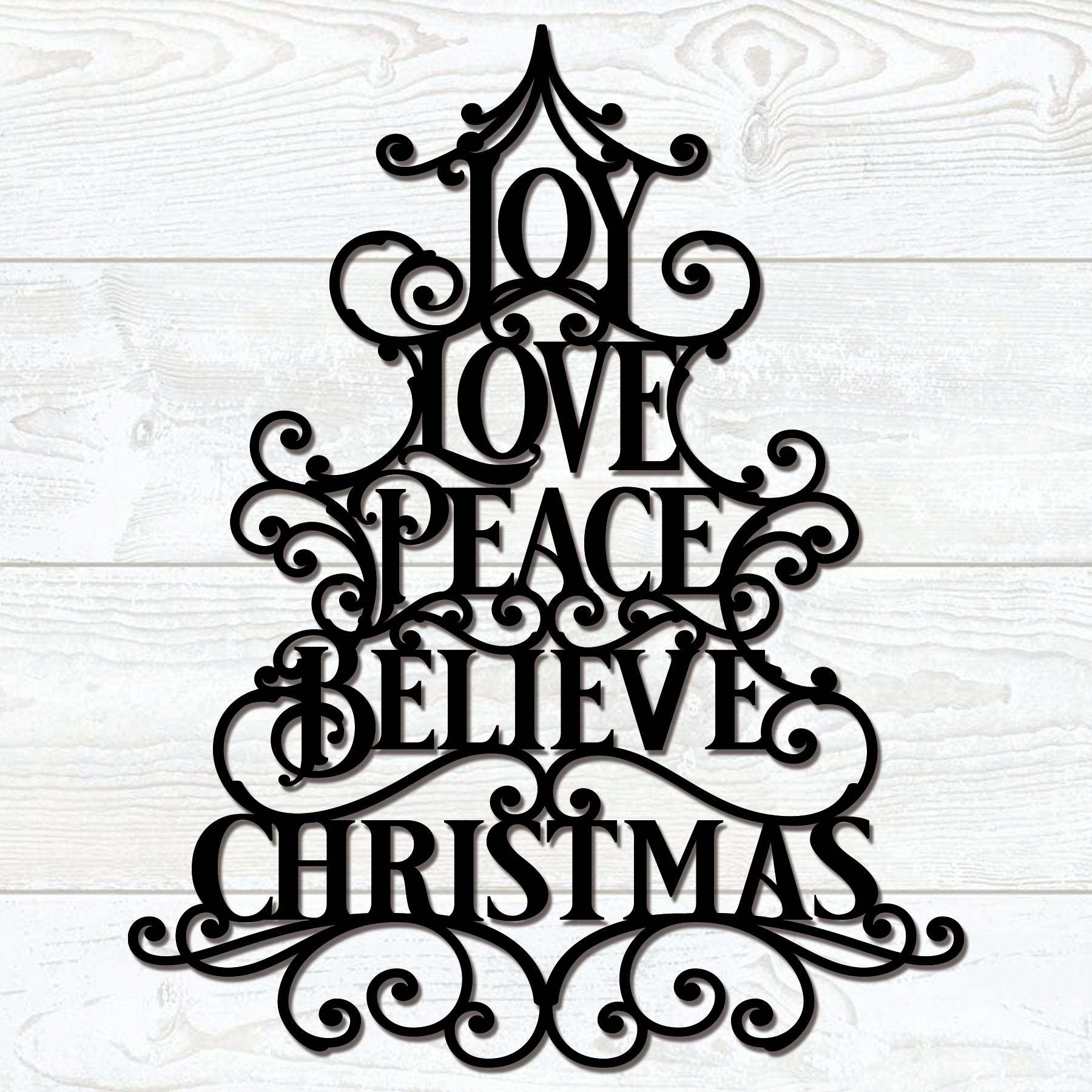 Christmas Joy Love Peace Metal Wall Decor, Elegant Holiday Tree Sign, Rustic Christmas Metal Art for Home and Outdoor Display
