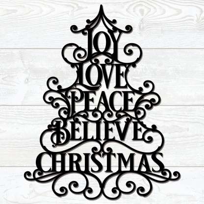 Christmas Joy Love Peace Metal Wall Decor, Elegant Holiday Tree Sign, Rustic Christmas Metal Art for Home and Outdoor Display