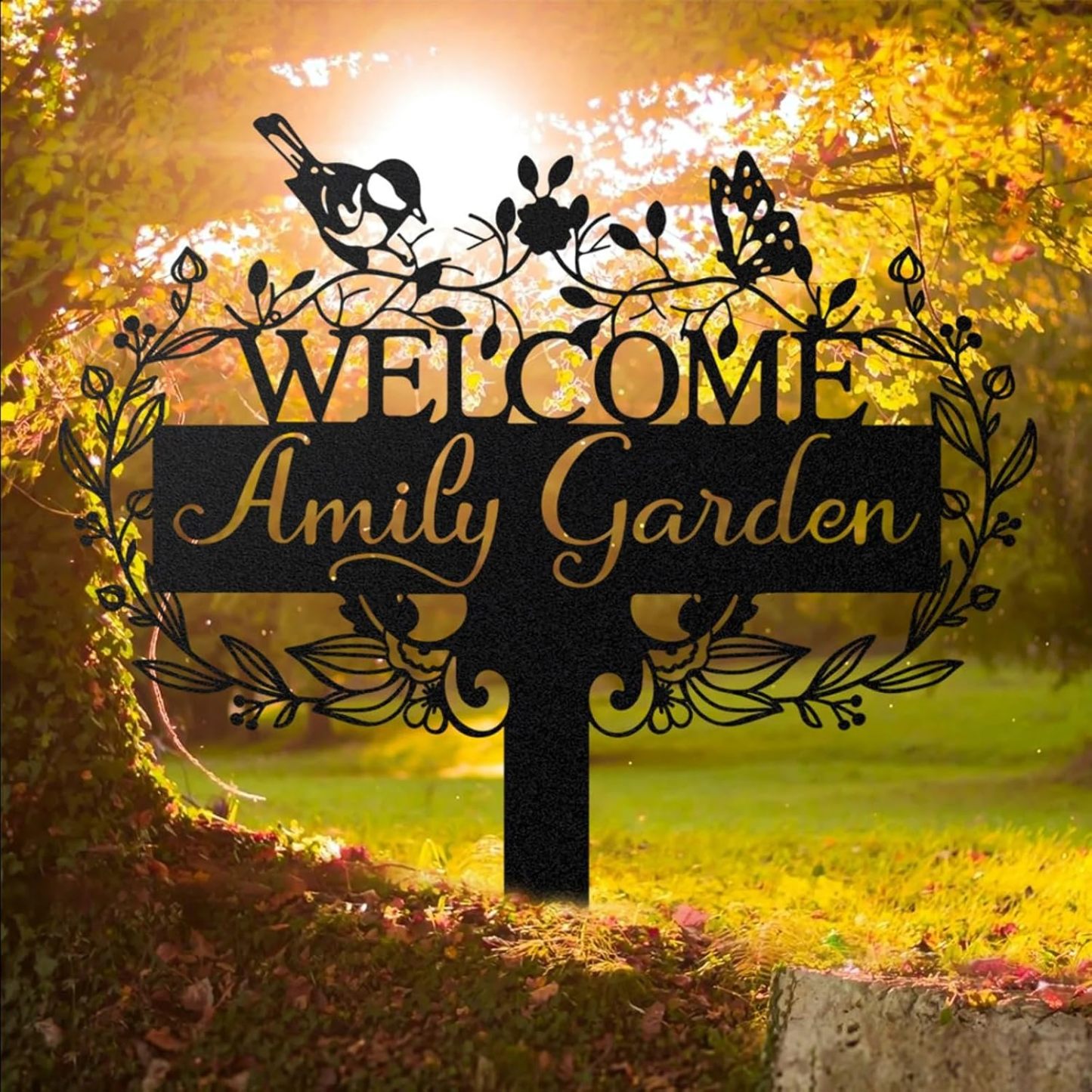 Custom Metal Garden Sign, Customized Butterfly Bird Garden Name Sign, Personalized Garden Signs-MetalsignX