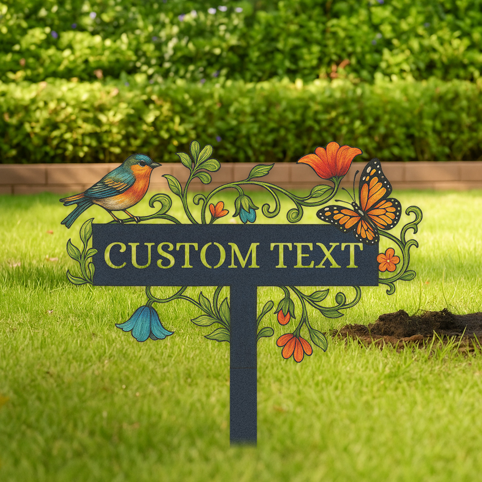 Personalized Garden Name Sign with Bird and Butterfly, Custom Metal Garden Stake with Flowers and Vines, Outdoor Decorative Yard Sign for Gardeners and Nature Lovers