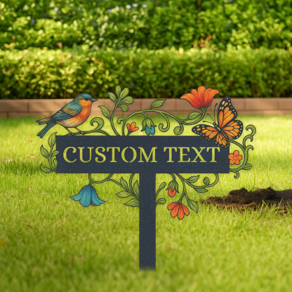 Personalized Garden Name Sign with Bird and Butterfly, Custom Metal Garden Stake with Flowers and Vines, Outdoor Decorative Yard Sign for Gardeners and Nature Lovers