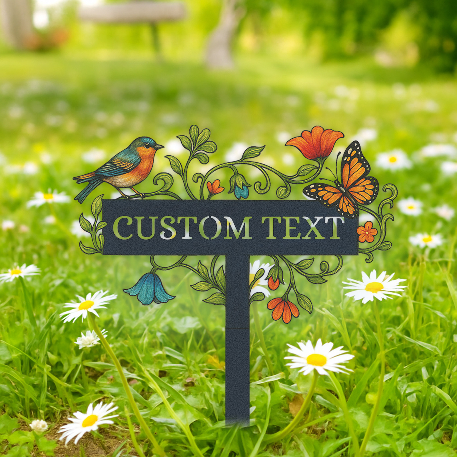 Personalized Garden Name Sign with Bird and Butterfly, Custom Metal Garden Stake with Flowers and Vines, Outdoor Decorative Yard Sign for Gardeners and Nature Lovers