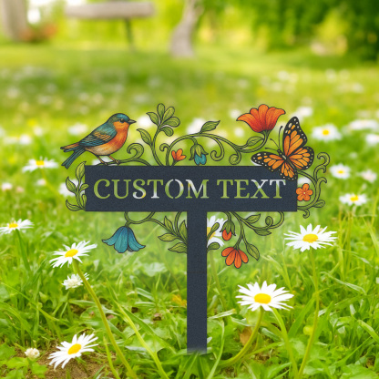 Personalized Garden Name Sign with Bird and Butterfly, Custom Metal Garden Stake with Flowers and Vines, Outdoor Decorative Yard Sign for Gardeners and Nature Lovers