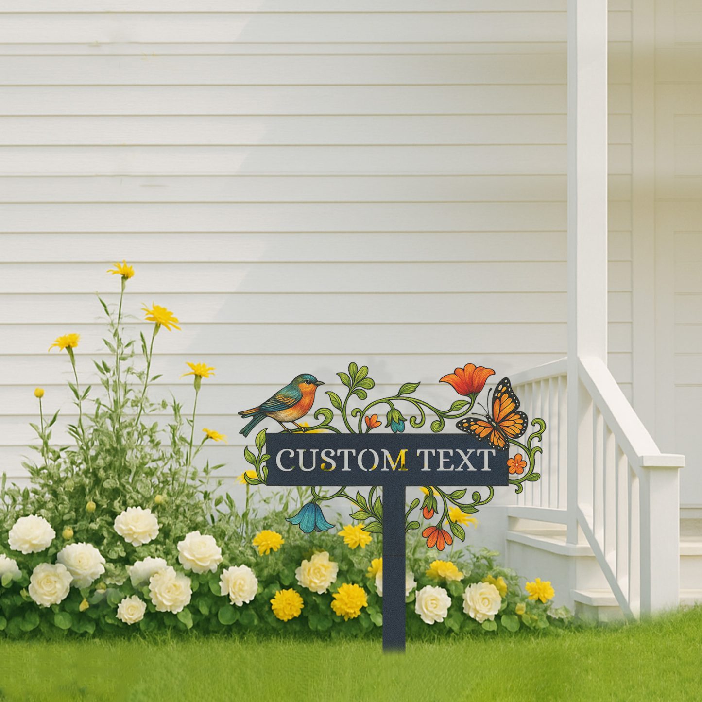 Personalized Garden Name Sign with Bird and Butterfly, Custom Metal Garden Stake with Flowers and Vines, Outdoor Decorative Yard Sign for Gardeners and Nature Lovers