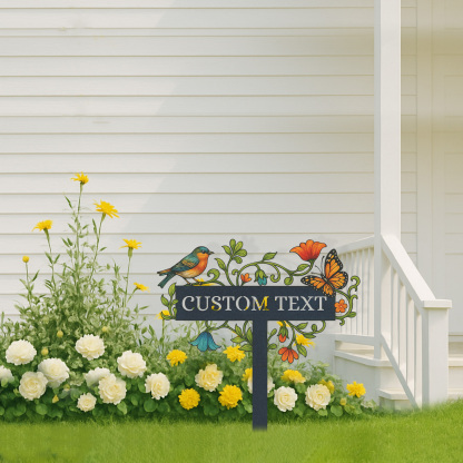Personalized Garden Name Sign with Bird and Butterfly, Custom Metal Garden Stake with Flowers and Vines, Outdoor Decorative Yard Sign for Gardeners and Nature Lovers