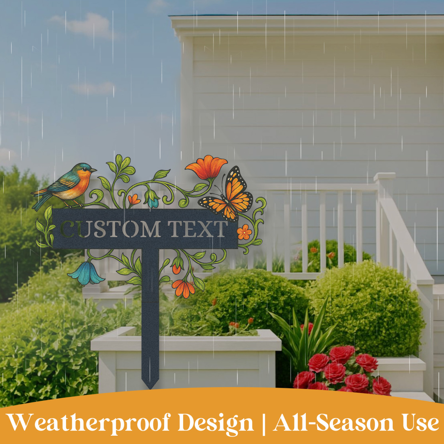 Personalized Garden Name Sign with Bird and Butterfly, Custom Metal Garden Stake with Flowers and Vines, Outdoor Decorative Yard Sign for Gardeners and Nature Lovers