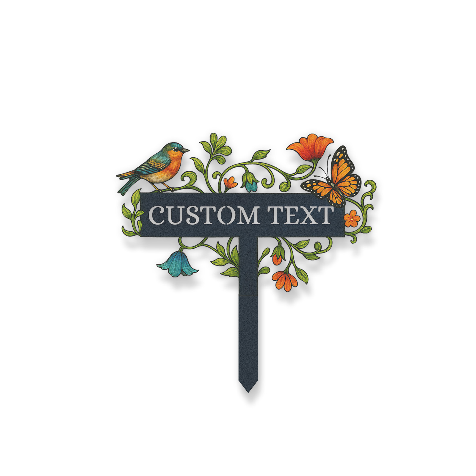 Personalized Garden Name Sign with Bird and Butterfly, Custom Metal Garden Stake with Flowers and Vines, Outdoor Decorative Yard Sign for Gardeners and Nature Lovers