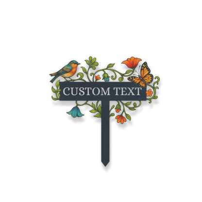 Personalized Garden Name Sign with Bird and Butterfly, Custom Metal Garden Stake with Flowers and Vines, Outdoor Decorative Yard Sign for Gardeners and Nature Lovers