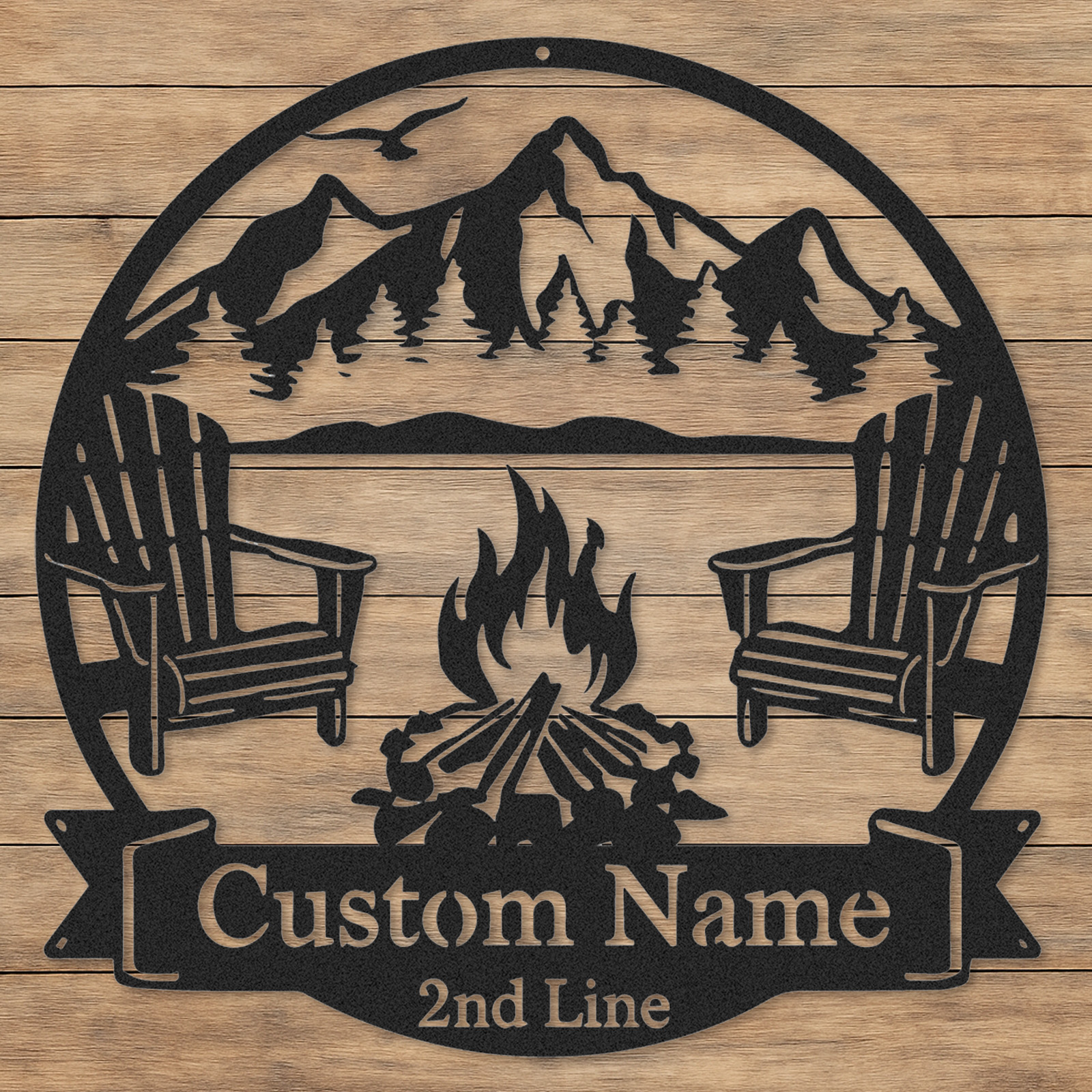 Custom Mountain Firepit Metal Sign, Personalized Two-Line Cabin Wall Art with Chairs and Scenic Peak View, Outdoor Decor for Lake or Lodge