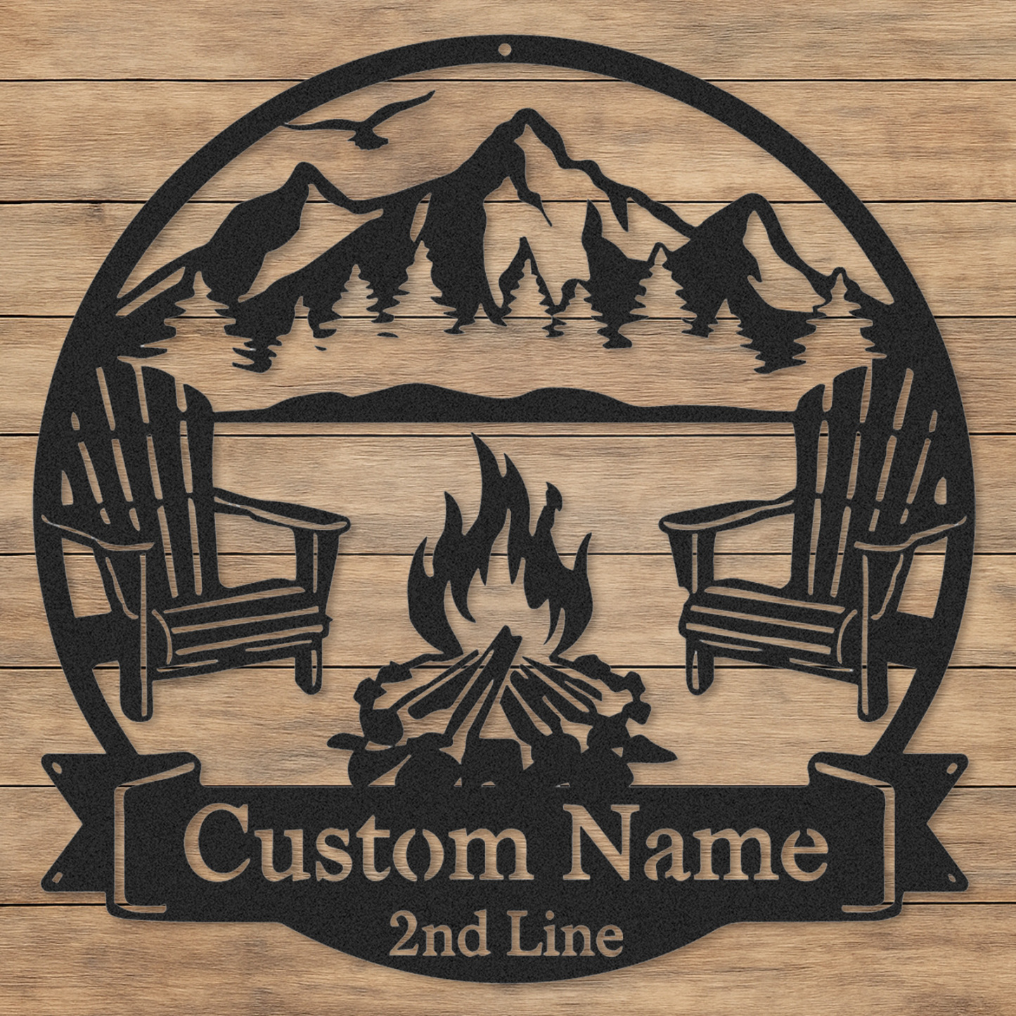 Custom Mountain Firepit Metal Sign, Personalized Two-Line Cabin Wall Art with Chairs and Scenic Peak View, Outdoor Decor for Lake or Lodge