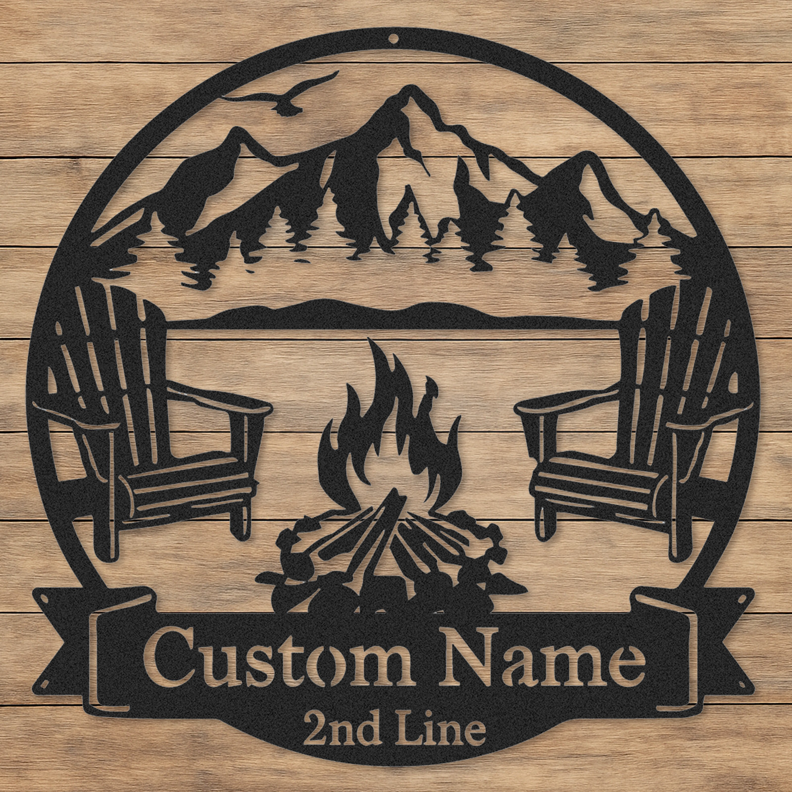 Custom Mountain Firepit Metal Sign, Personalized Two-Line Cabin Wall Art with Chairs and Scenic Peak View, Outdoor Decor for Lake or Lodge