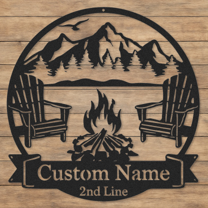 Custom Mountain Firepit Metal Sign, Personalized Two-Line Cabin Wall Art with Chairs and Scenic Peak View, Outdoor Decor for Lake or Lodge