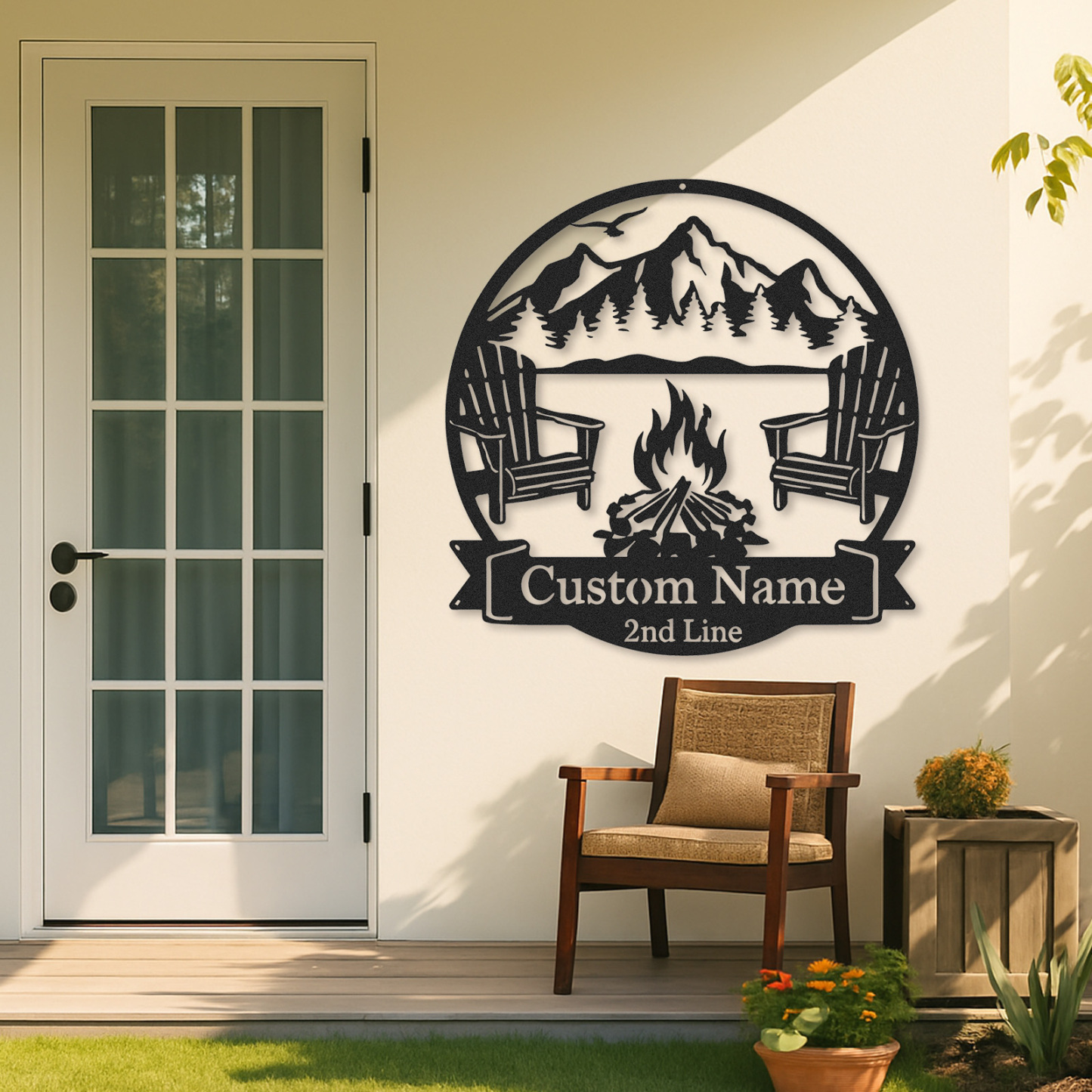 Custom Mountain Firepit Metal Sign, Personalized Two-Line Cabin Wall Art with Chairs and Scenic Peak View, Outdoor Decor for Lake or Lodge