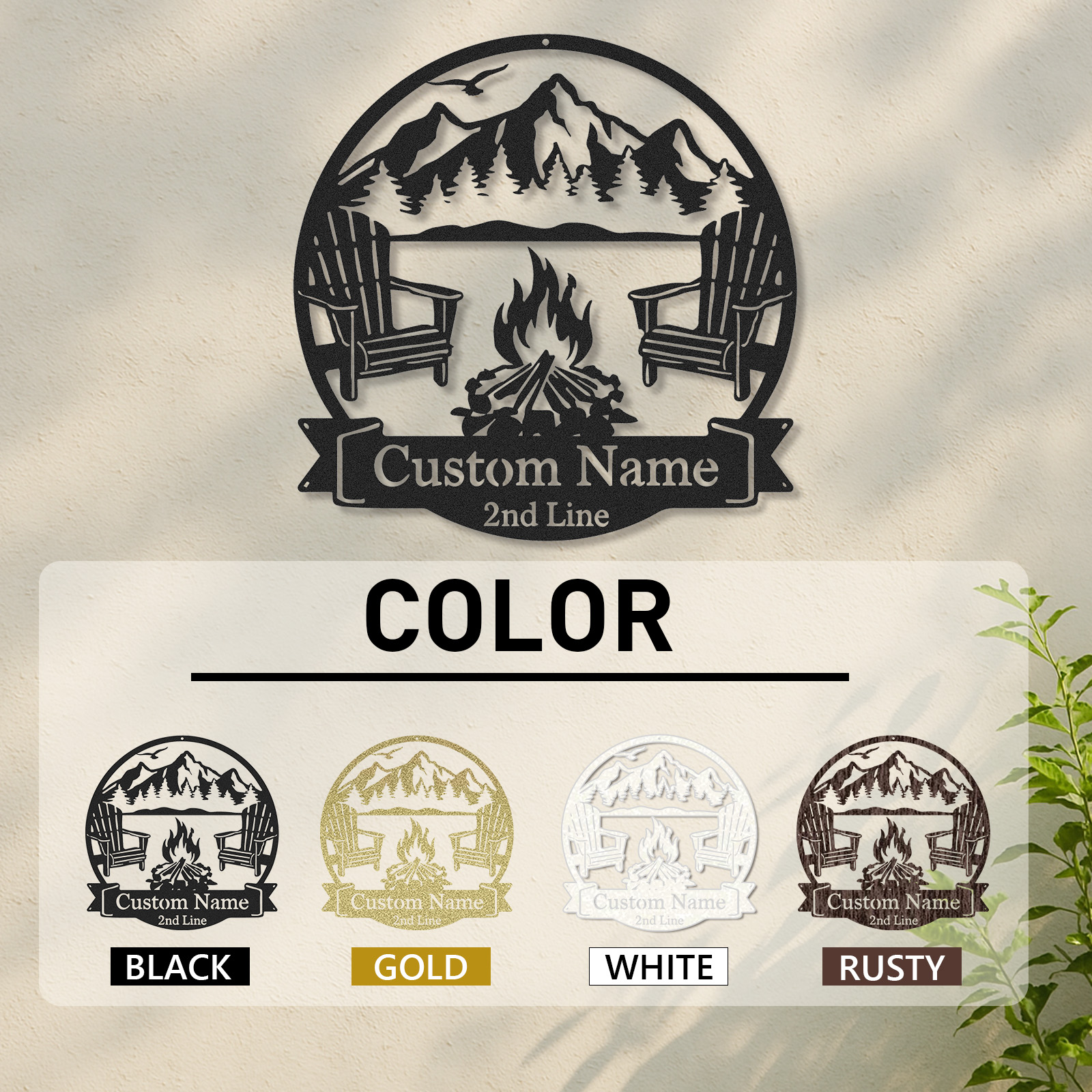 Custom Mountain Firepit Metal Sign, Personalized Two-Line Cabin Wall Art with Chairs and Scenic Peak View, Outdoor Decor for Lake or Lodge