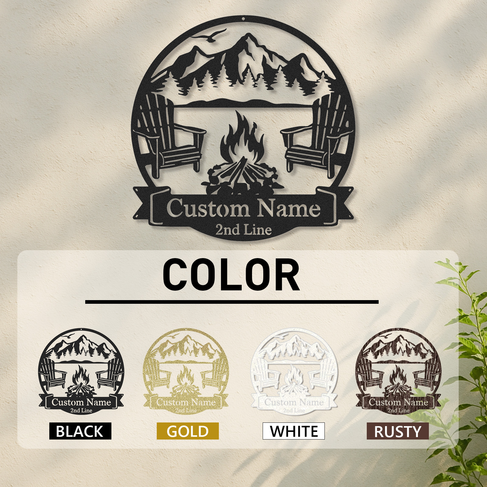 Custom Mountain Firepit Metal Sign, Personalized Two-Line Cabin Wall Art with Chairs and Scenic Peak View, Outdoor Decor for Lake or Lodge