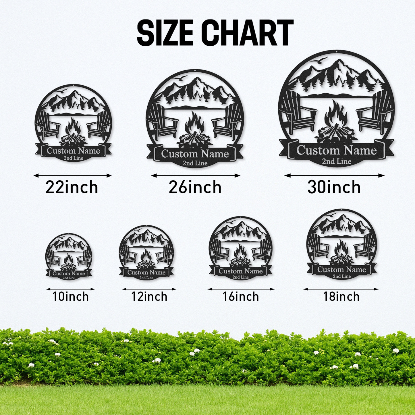 Custom Mountain Firepit Metal Sign, Personalized Two-Line Cabin Wall Art with Chairs and Scenic Peak View, Outdoor Decor for Lake or Lodge