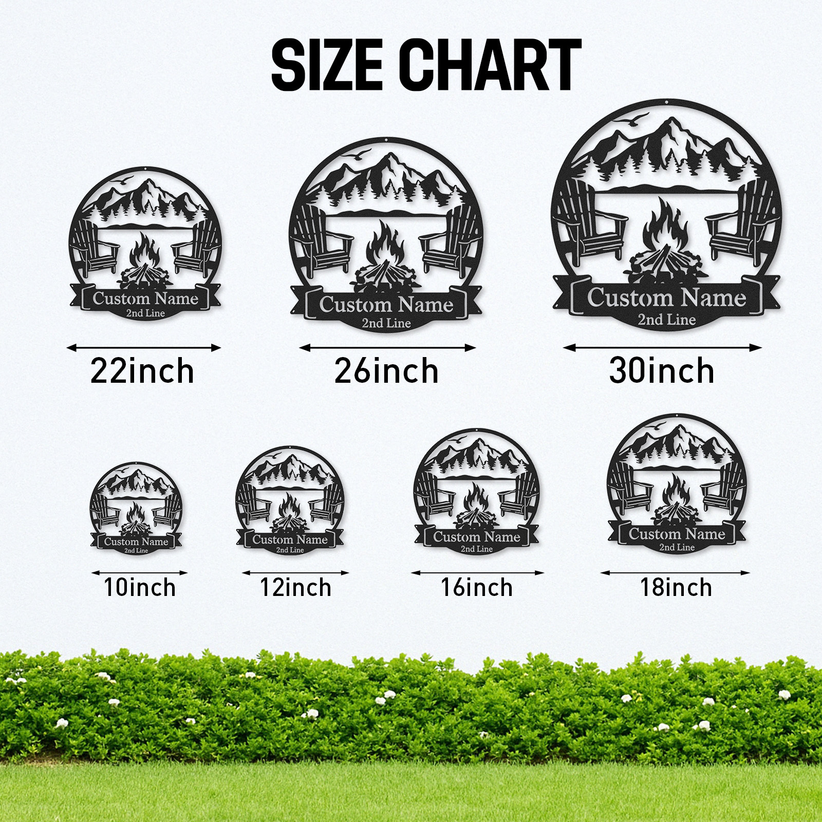 Custom Mountain Firepit Metal Sign, Personalized Two-Line Cabin Wall Art with Chairs and Scenic Peak View, Outdoor Decor for Lake or Lodge