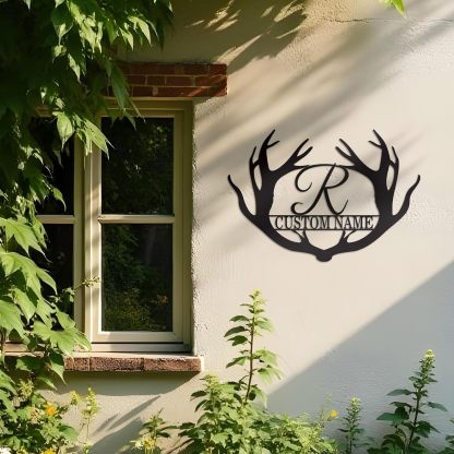 Custom Antler Metal Cabin Sign, Family Wall Art, Outdoor Deer Hunter & Monogram Last Name Gift-MetalsignX