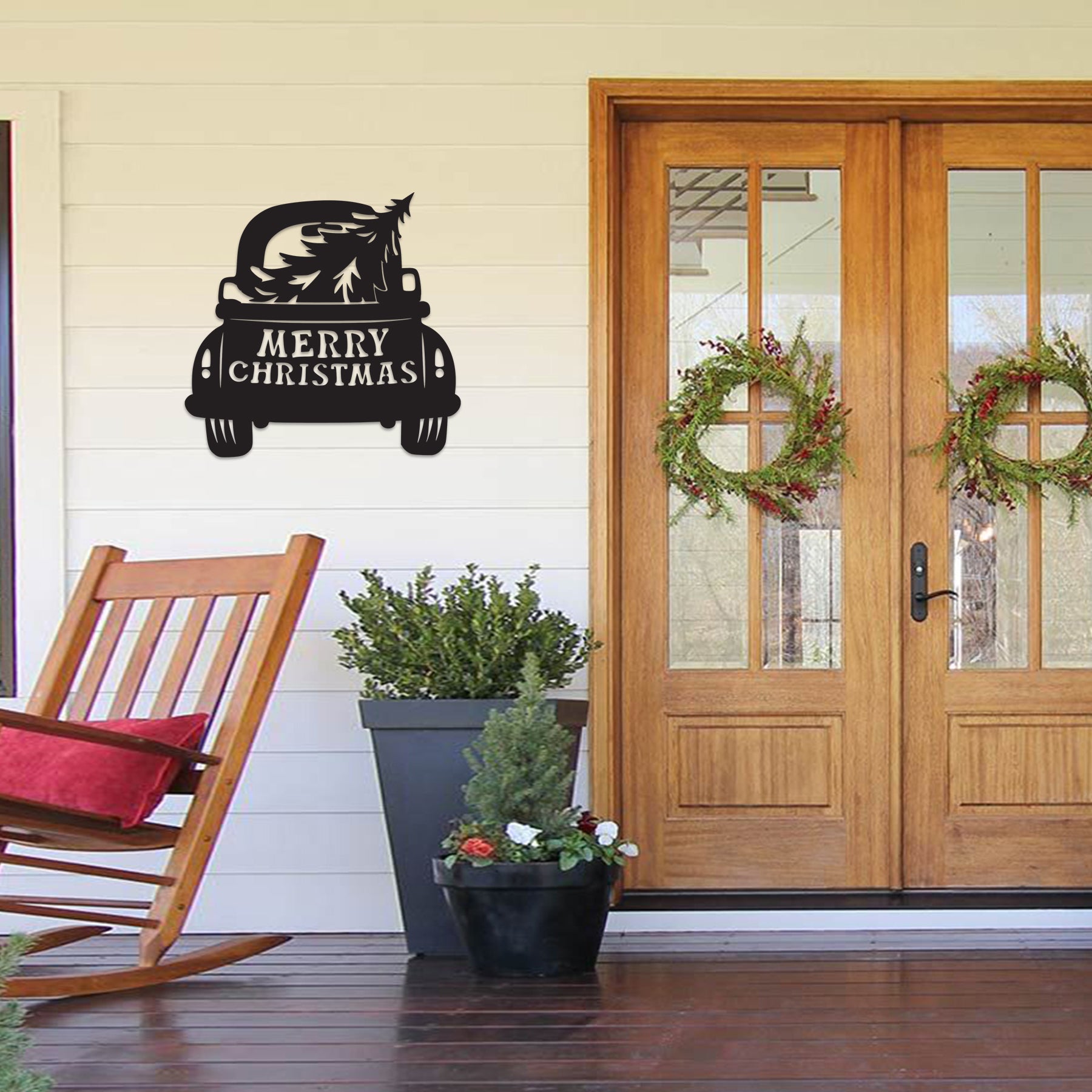 Merry Christmas Truck Metal Wall Decor, Vintage Car with Christmas Tree Sign, Rustic Farmhouse Holiday Wall Art, Outdoor Christmas Decoration