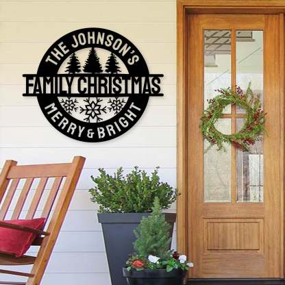 Custom Family Christmas Metal Wall Decor, Personalized Merry & Bright Holiday Steel Sign