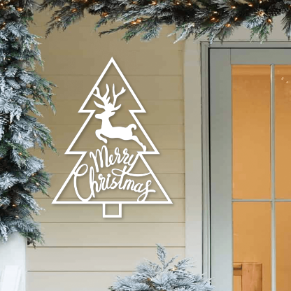 Christmas Tree Reindeer Metal Wall Decor, Rustic Merry Christmas Sign, Holiday Reindeer Wall Art for Home and Outdoor Display