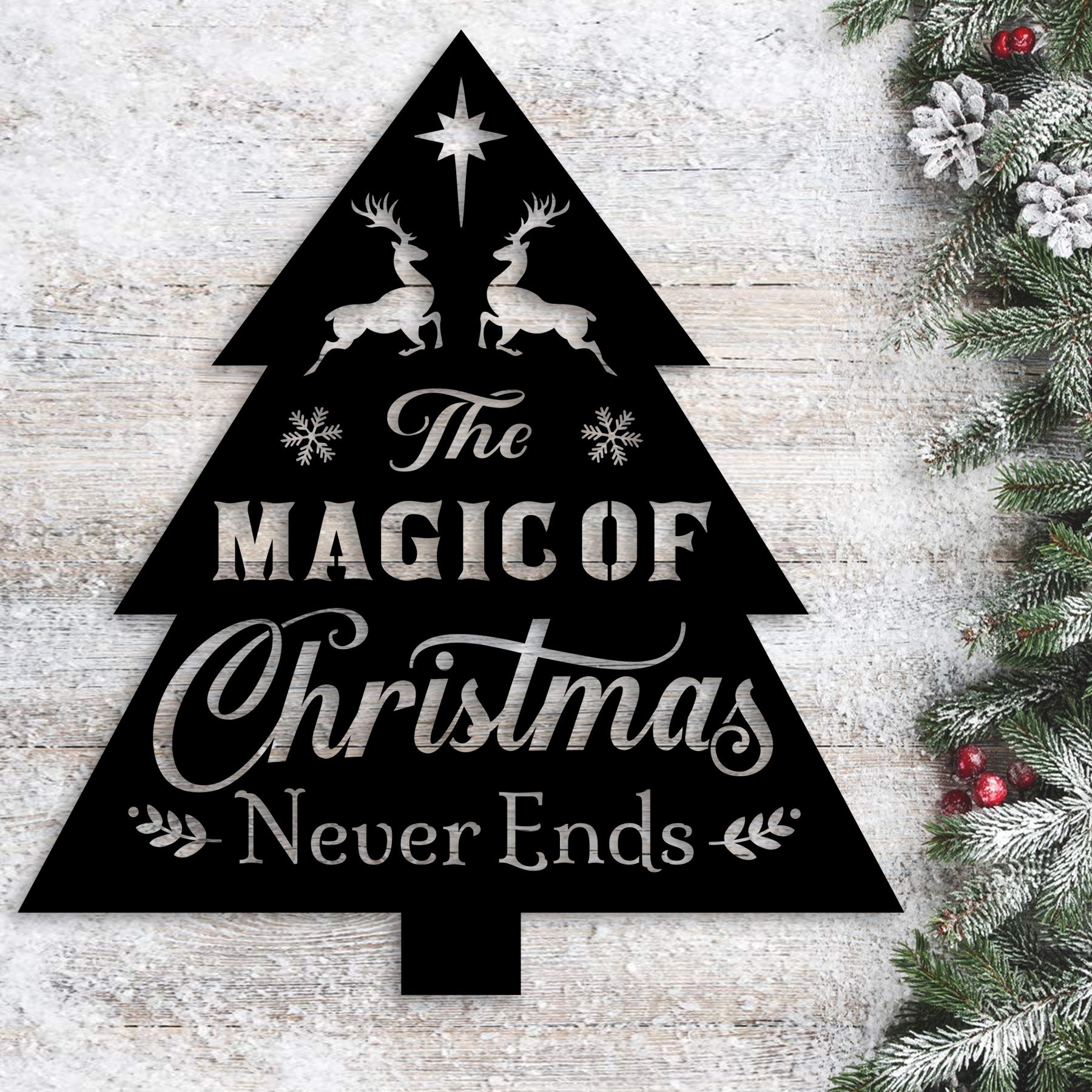 The Magic of Christmas Metal Wall Decor, Rustic Tree Shaped Holiday Sign, Christmas Reindeer Wall Art for Home and Outdoor Display