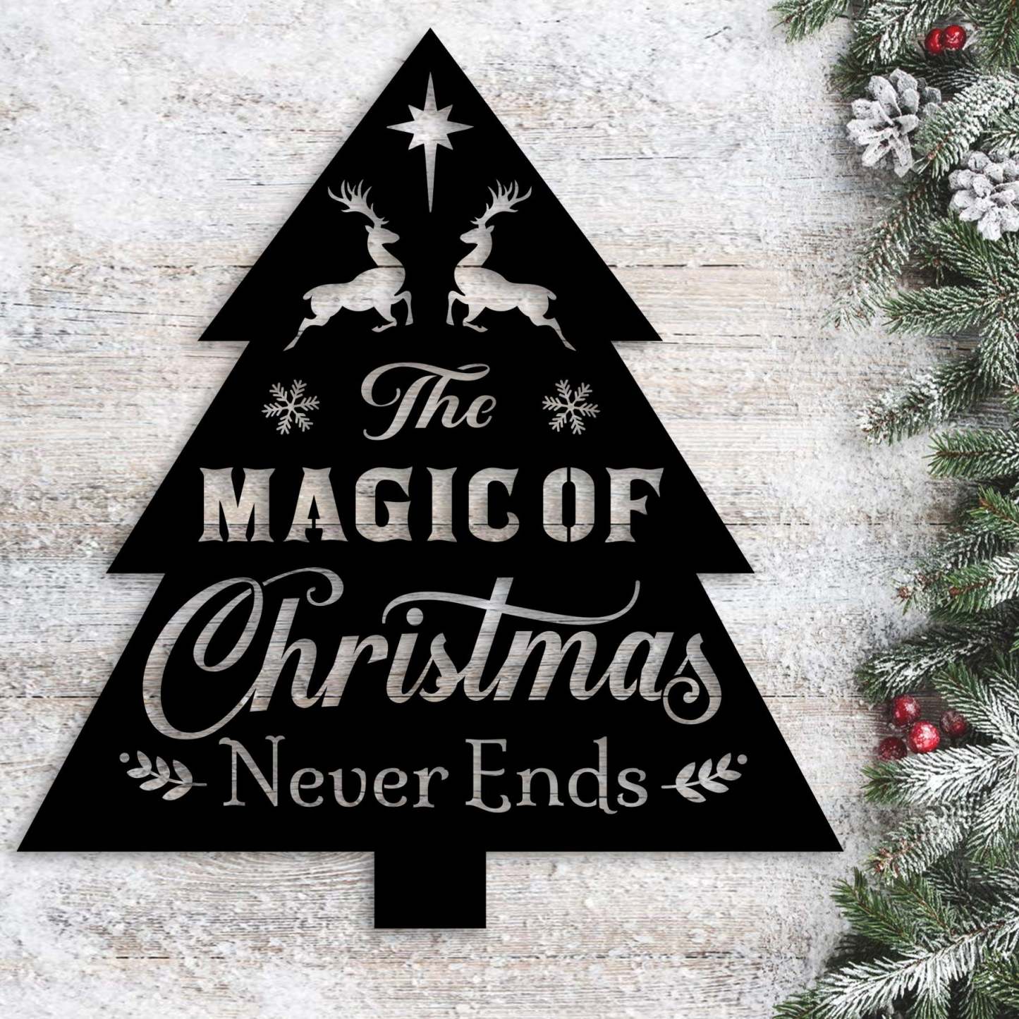 The Magic of Christmas Metal Wall Decor, Rustic Tree Shaped Holiday Sign, Christmas Reindeer Wall Art for Home and Outdoor Display