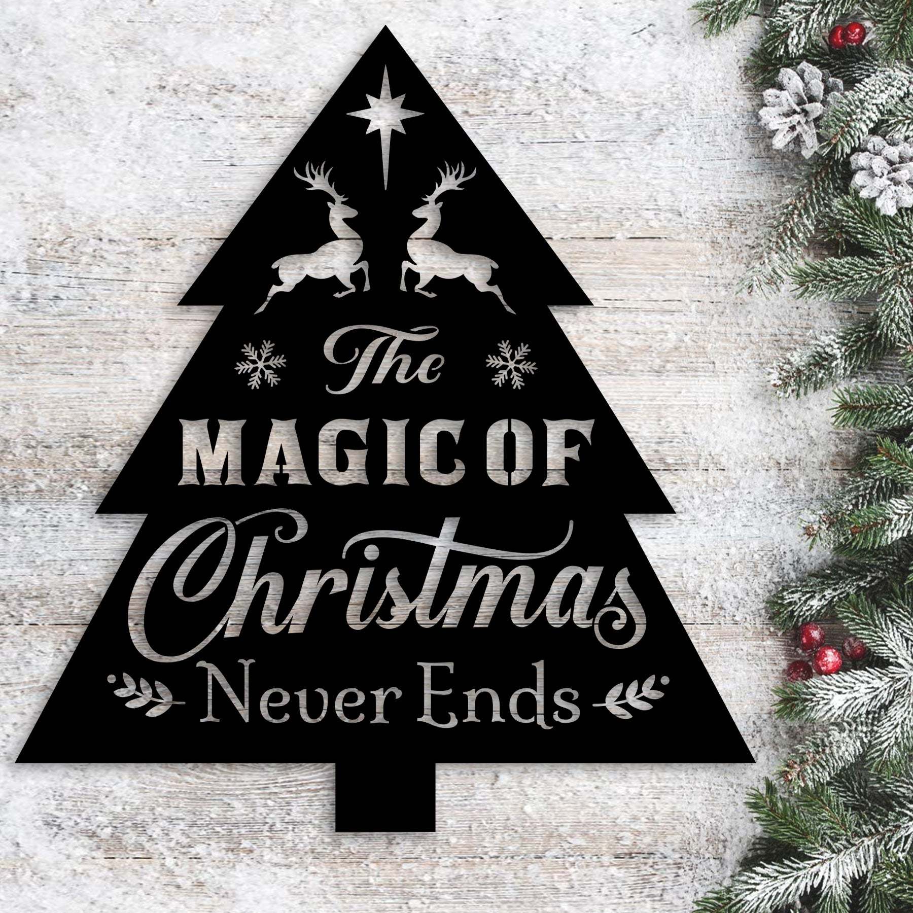 The Magic of Christmas Metal Wall Decor, Rustic Tree Shaped Holiday Sign, Christmas Reindeer Wall Art for Home and Outdoor Display