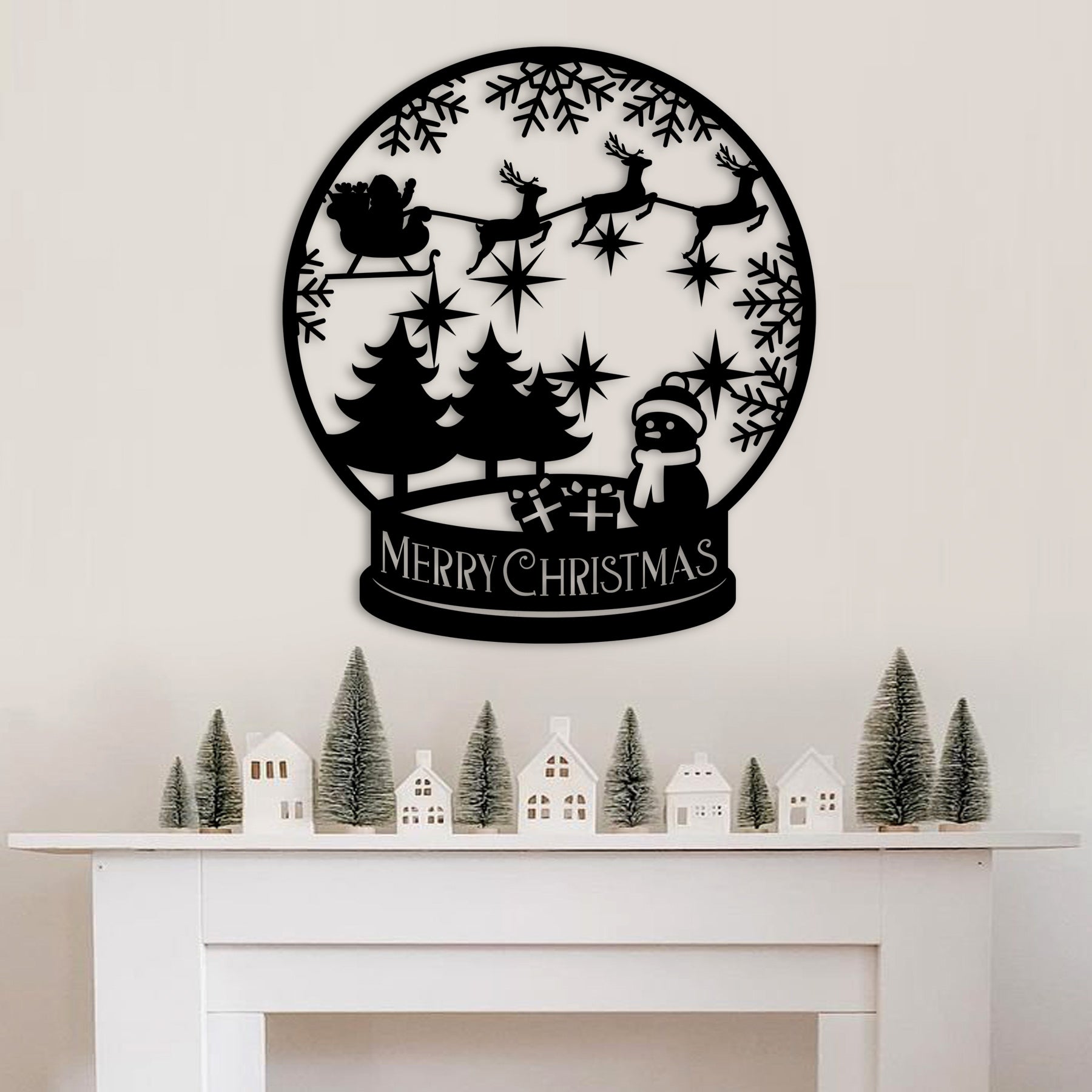 Merry Christmas Snow Globe Metal Wall Decor, Santa and Reindeer Scene, Holiday Snowflake Wall Art for Home and Outdoor Display
