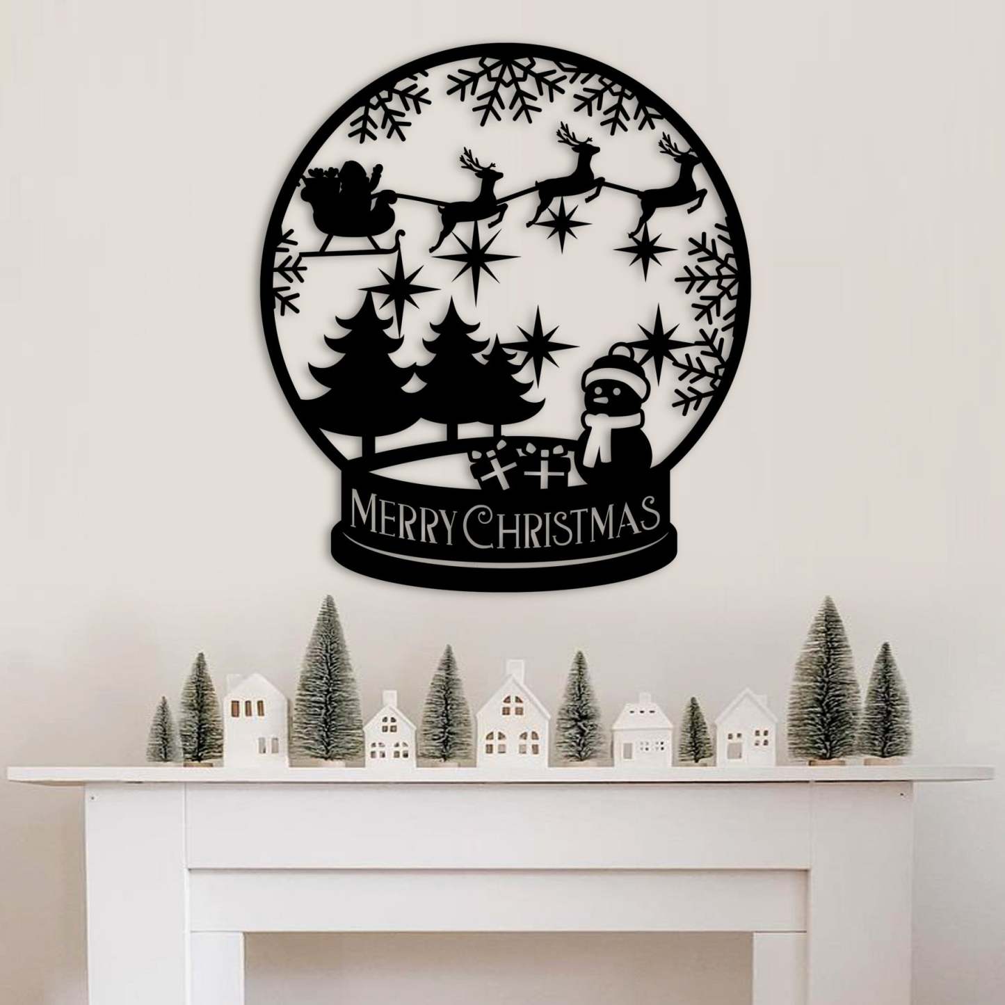 Merry Christmas Snow Globe Metal Wall Decor, Santa and Reindeer Scene, Holiday Snowflake Wall Art for Home and Outdoor Display