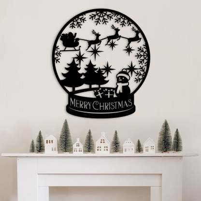 Merry Christmas Snow Globe Metal Wall Decor, Santa and Reindeer Scene, Holiday Snowflake Wall Art for Home and Outdoor Display