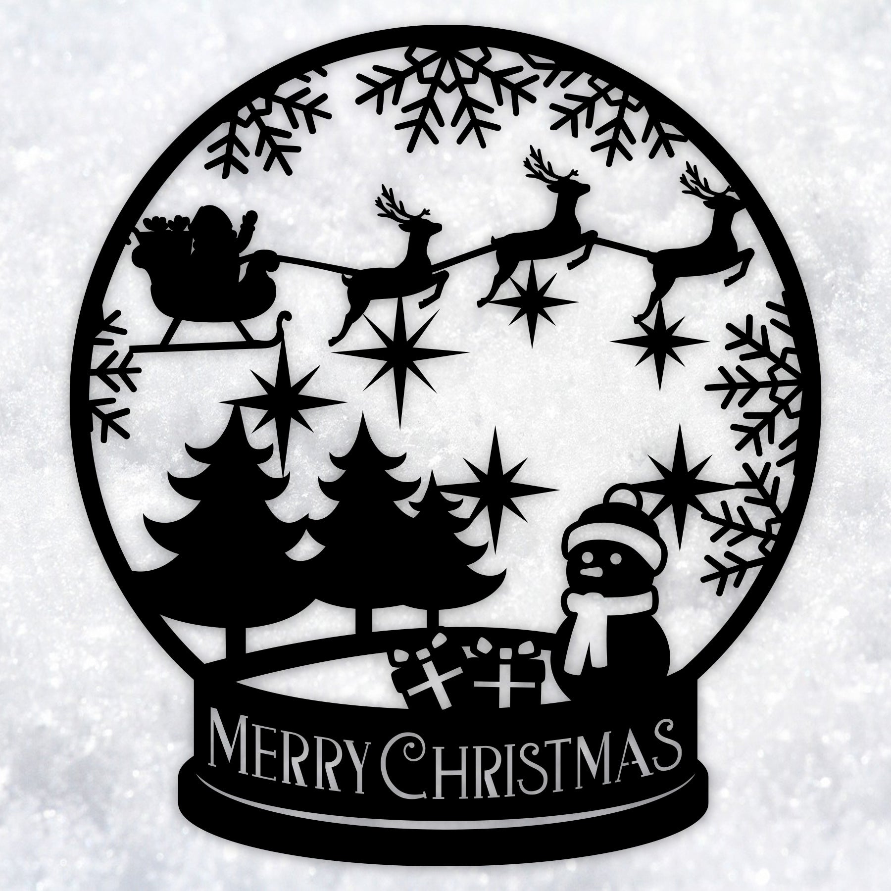 Merry Christmas Snow Globe Metal Wall Decor, Santa and Reindeer Scene, Holiday Snowflake Wall Art for Home and Outdoor Display