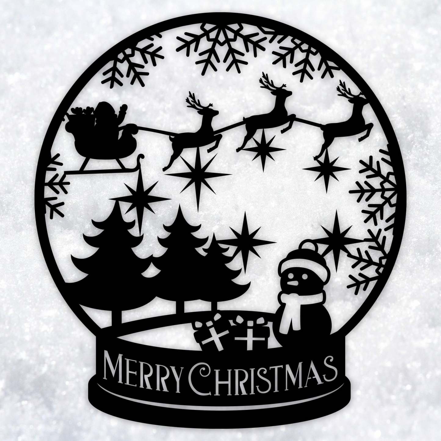 Merry Christmas Snow Globe Metal Wall Decor, Santa and Reindeer Scene, Holiday Snowflake Wall Art for Home and Outdoor Display