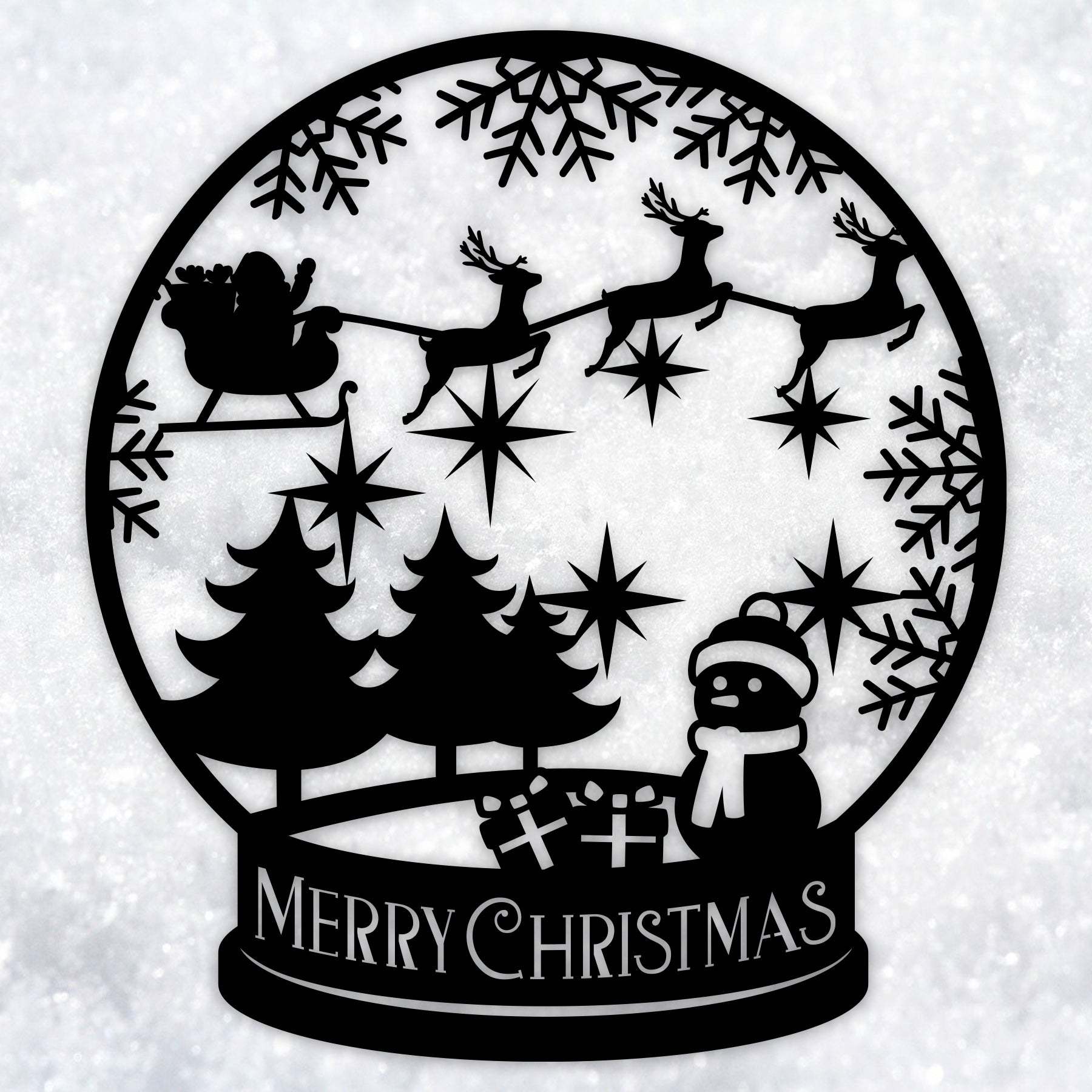 Merry Christmas Snow Globe Metal Wall Decor, Santa and Reindeer Scene, Holiday Snowflake Wall Art for Home and Outdoor Display