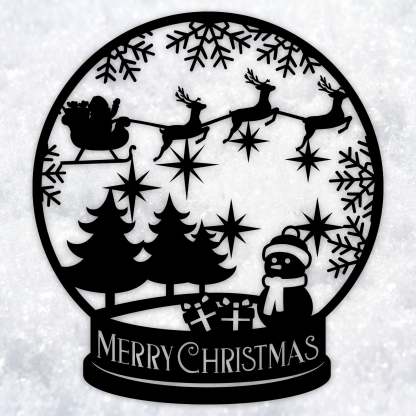 Merry Christmas Snow Globe Metal Wall Decor, Santa and Reindeer Scene, Holiday Snowflake Wall Art for Home and Outdoor Display