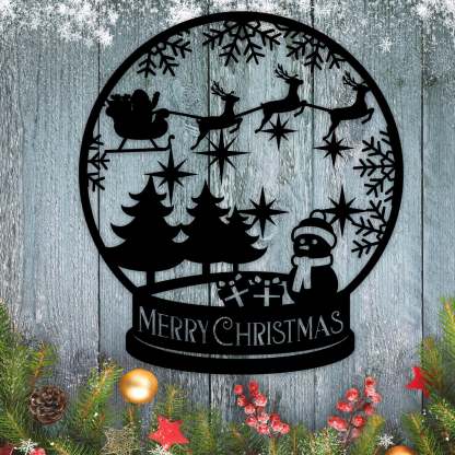 Merry Christmas Snow Globe Metal Wall Decor, Santa and Reindeer Scene, Holiday Snowflake Wall Art for Home and Outdoor Display